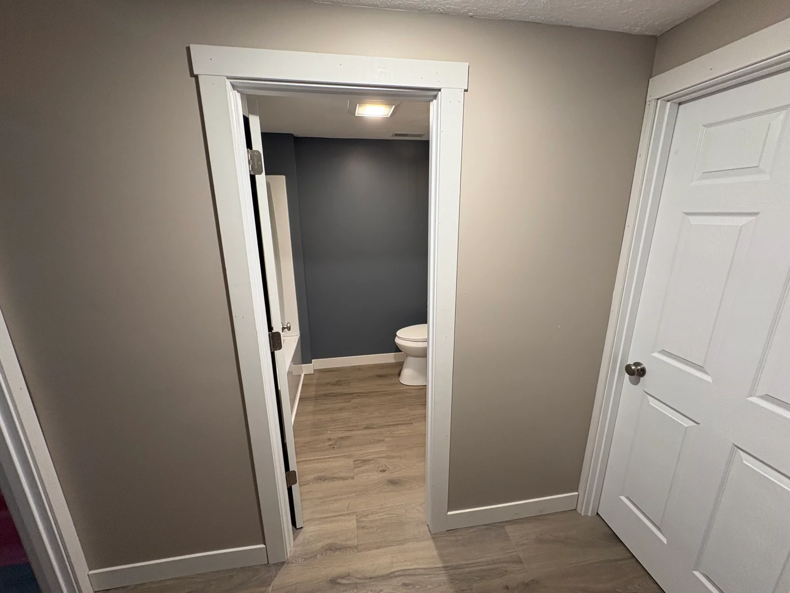 Bathroom doorway with white painted trim, wood-look vinyl plank floors, gray walls, and a blue-gray accent wall