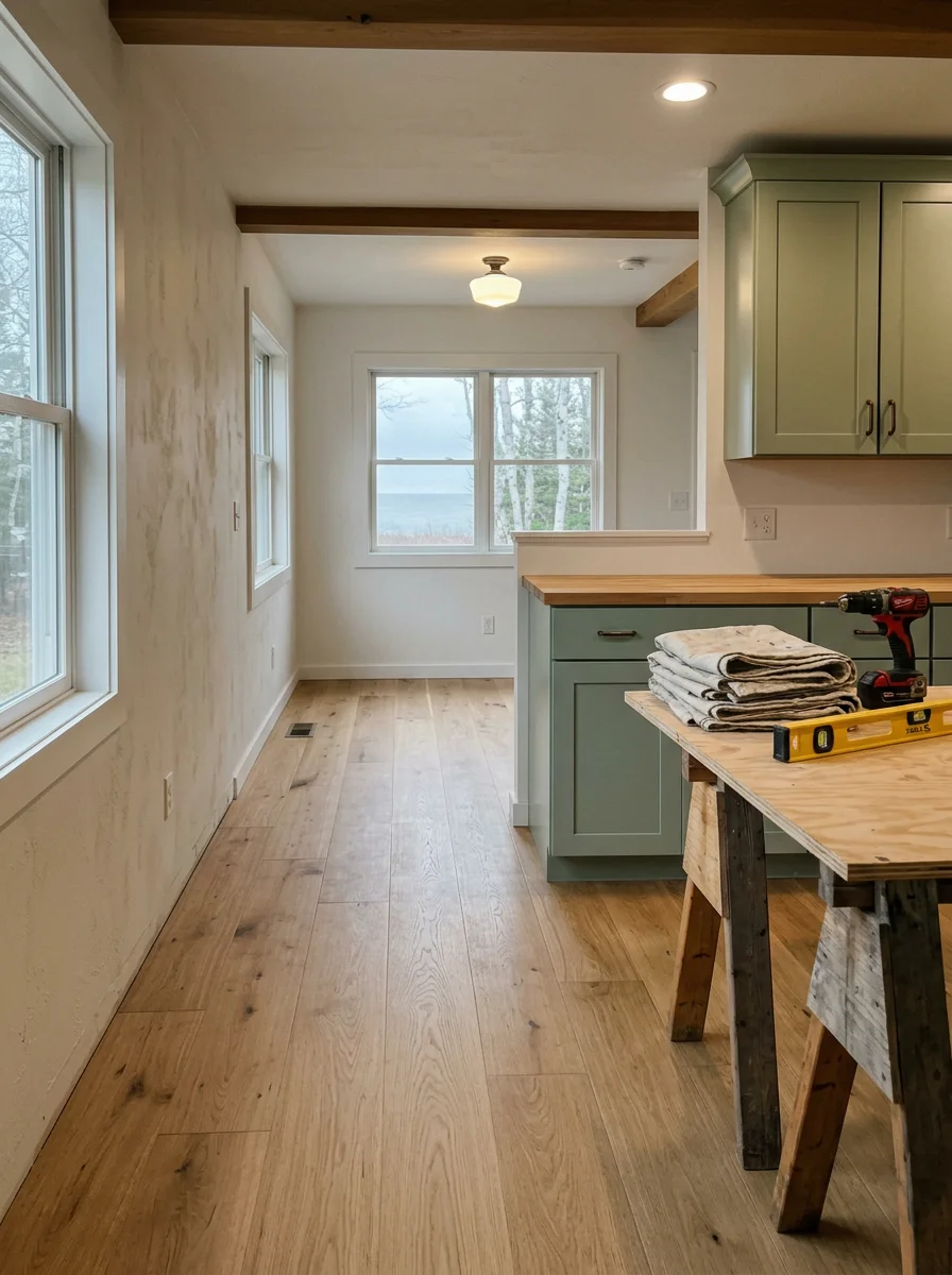 A remodeled cottage interior in Benzie County with new hardwood flooring, updated kitchen cabinetry, and fresh interior finishing work.