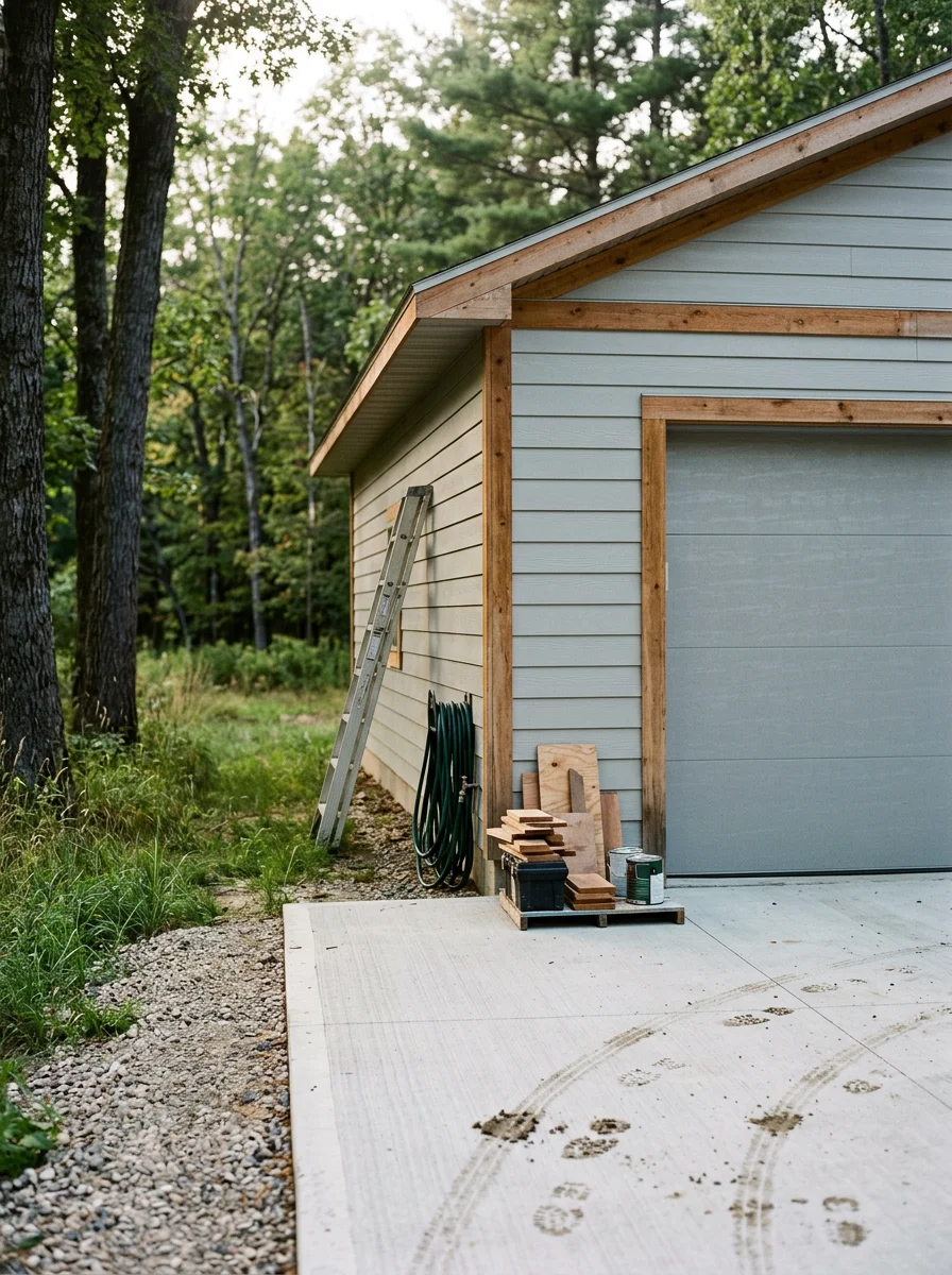 A finished detached garage with a concrete apron on a rural Grand Traverse County property, surrounded by mature trees.