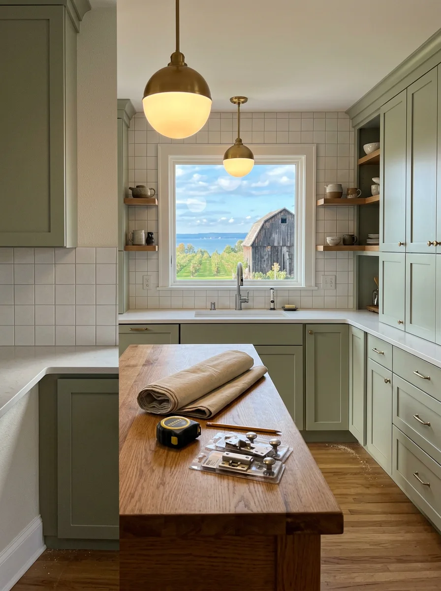 A remodeled kitchen interior in a mid-century village home in Suttons Bay, Michigan, with new cabinetry, countertops, and updated lighting.