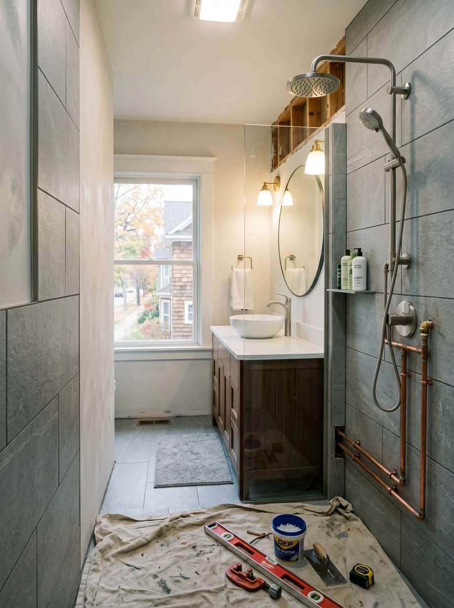 A finished bathroom remodel in a historic Traverse City neighborhood home, featuring updated tile, fixtures, and modern plumbing.