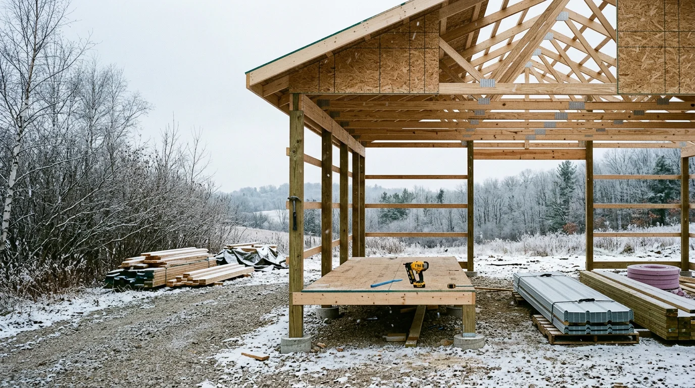 A newly completed detached garage with a steep-pitched metal roof on a residential property in Traverse City, Michigan. The structure sits in the rear yard with clear setbacks from the property lines, surrounded by mature trees typical of northern Michigan.