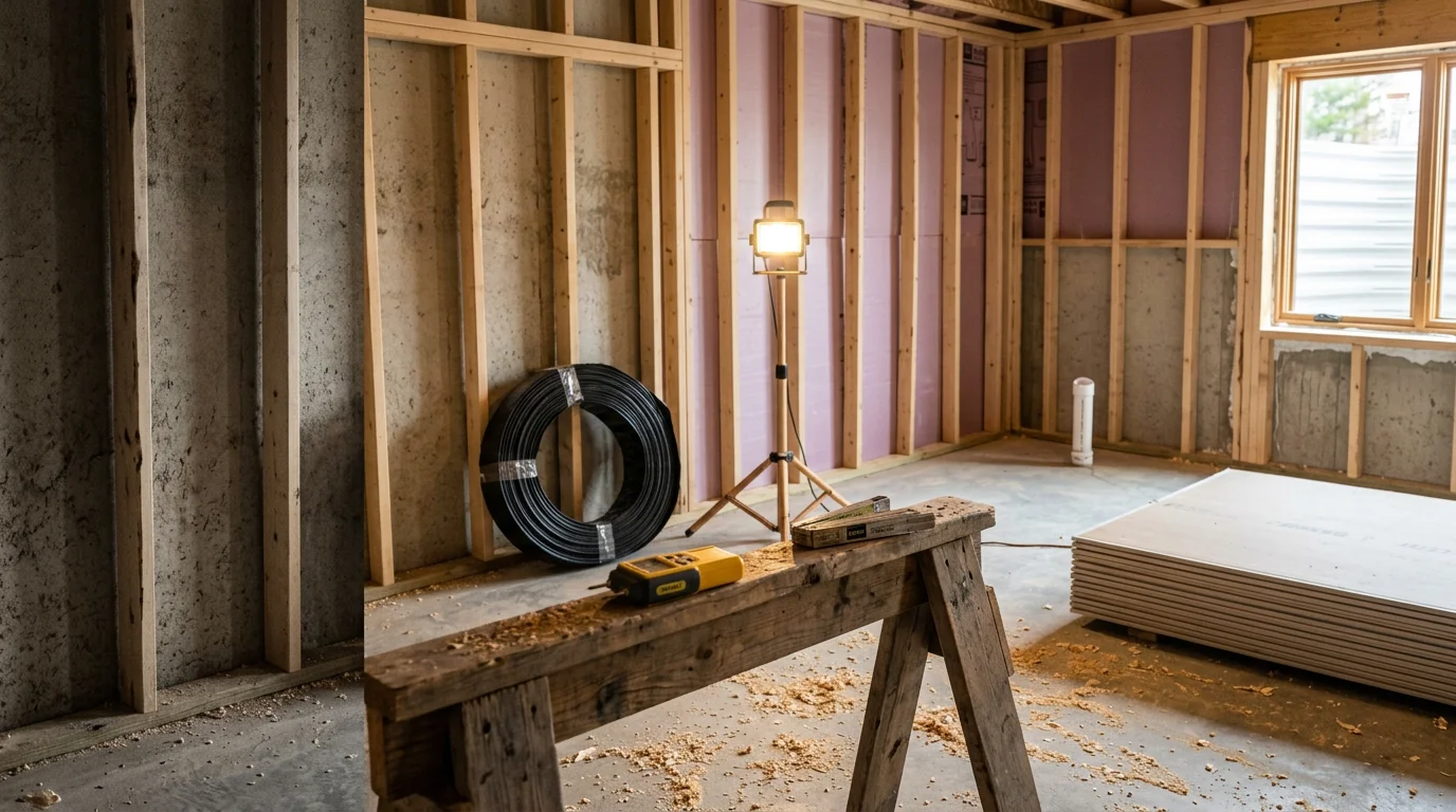 Finished basement living space in a Traverse City, Michigan home, showing insulated walls, recessed lighting, and durable flooring suited to Northern Michigan's climate. The remodeled space is set up as a family room with clean drywall finishes and an egress window along the foundation wall.