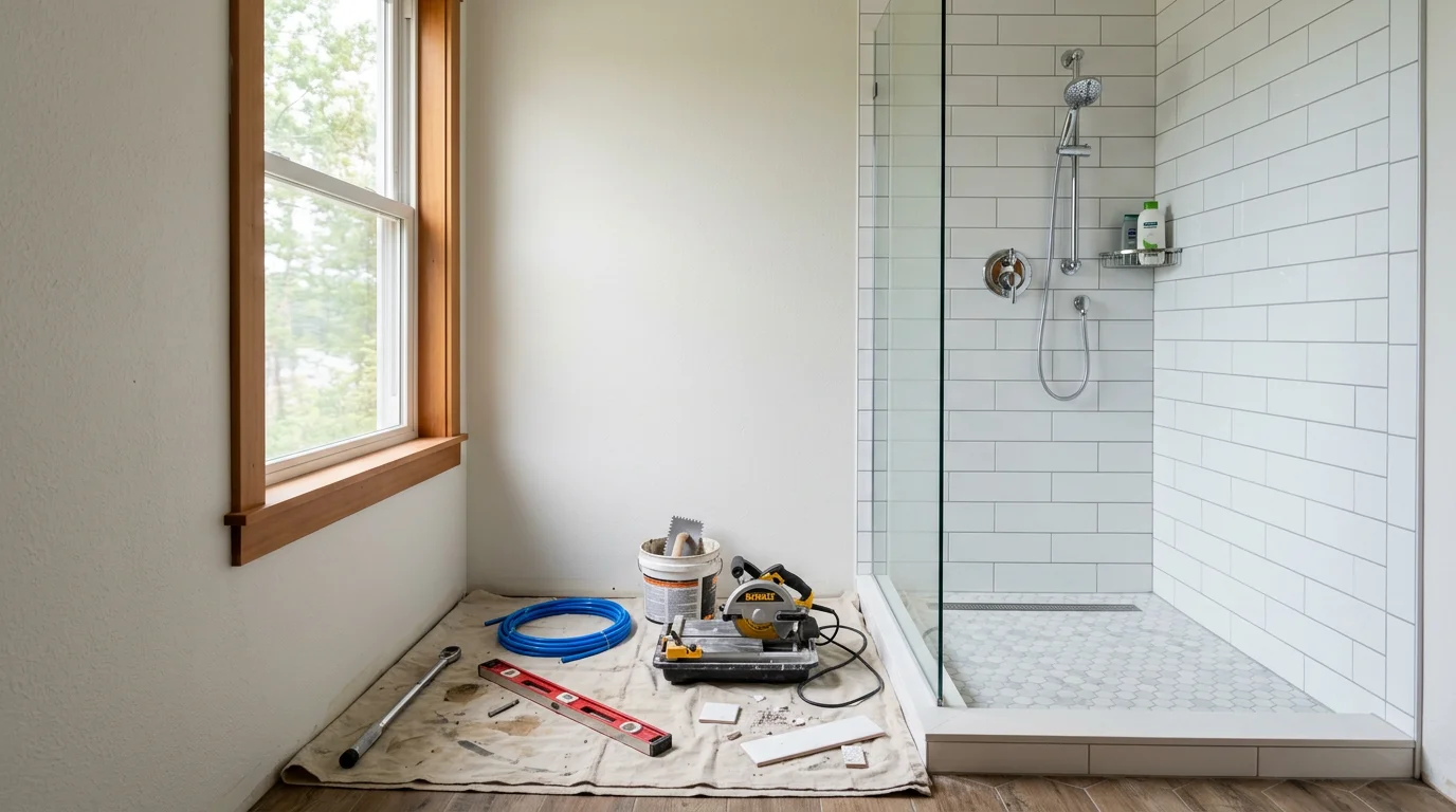 A remodeled bathroom in a Traverse City, Michigan home showing a tiled walk-in shower, updated vanity, and new flooring. The space reflects a clean, functional layout typical of Northern Michigan residential remodeling work.