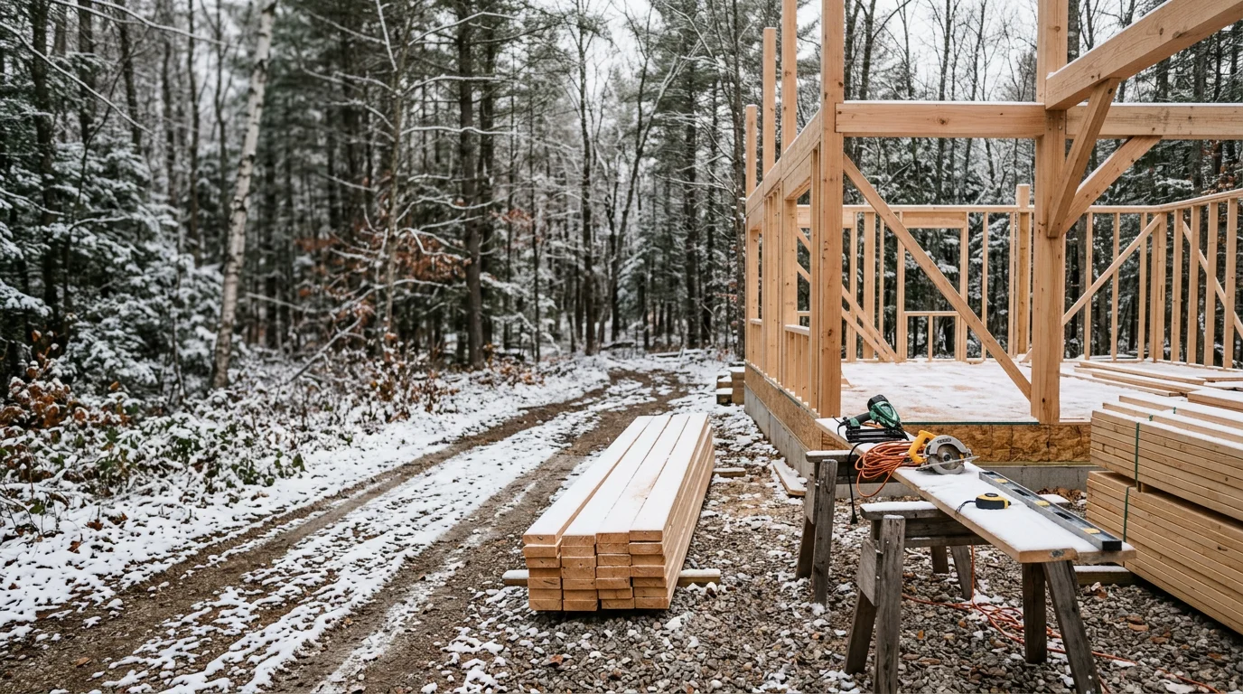 A newly completed custom home in Traverse City, Michigan, with a wooded lot and a covered front porch suited to Northern Michigan's four-season climate. The home features a pitched roof, board-and-batten exterior siding, and an attached two-car garage.
