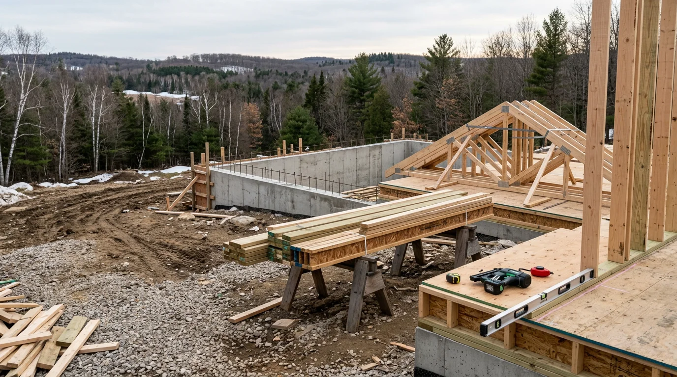 A newly framed residential building structure under construction in Traverse City, Michigan, with exposed wood framing and a concrete foundation visible against a clear Northern Michigan sky. The build reflects the structural requirements common to Grand Traverse County construction projects.