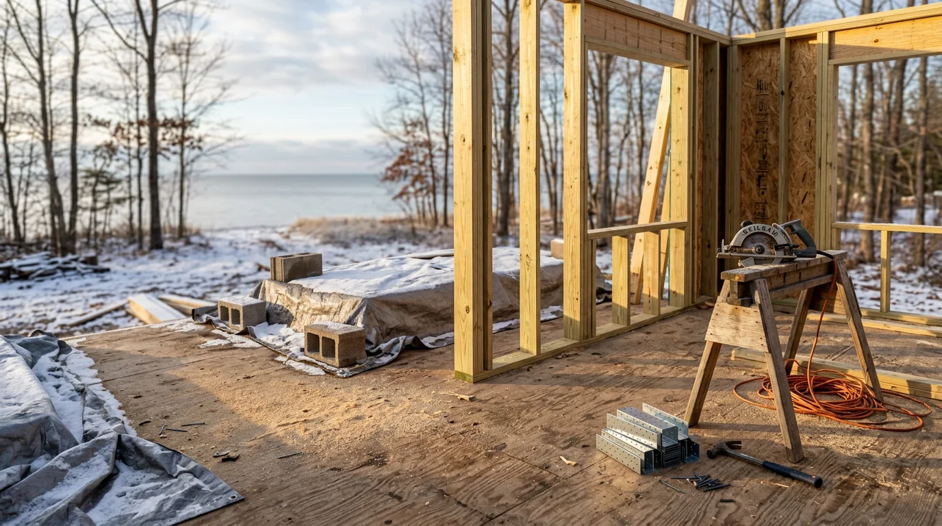 A general construction project in progress in Traverse City, Michigan, showing framed exterior walls and a concrete foundation on a residential lot. The surrounding landscape reflects the wooded terrain typical of the Grand Traverse region.