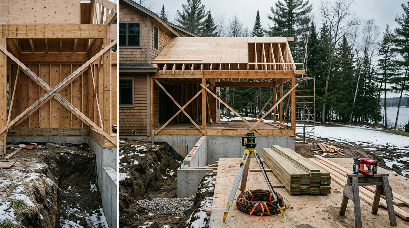 A newly framed home addition attached to an existing single-family house in Traverse City, Michigan, showing exposed wall framing and a poured concrete foundation. Snow-dusted ground surrounds the construction site in a Northern Michigan residential neighborhood.