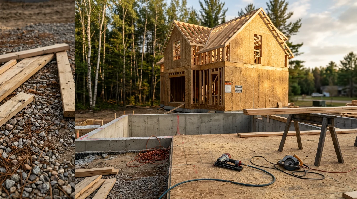 A newly framed single-family home on a wooded rural lot in Grand Traverse County, Michigan, with exposed wall studs and roof trusses visible against a clear sky. A general contractor reviews plans on site during the framing stage of a new home build.
