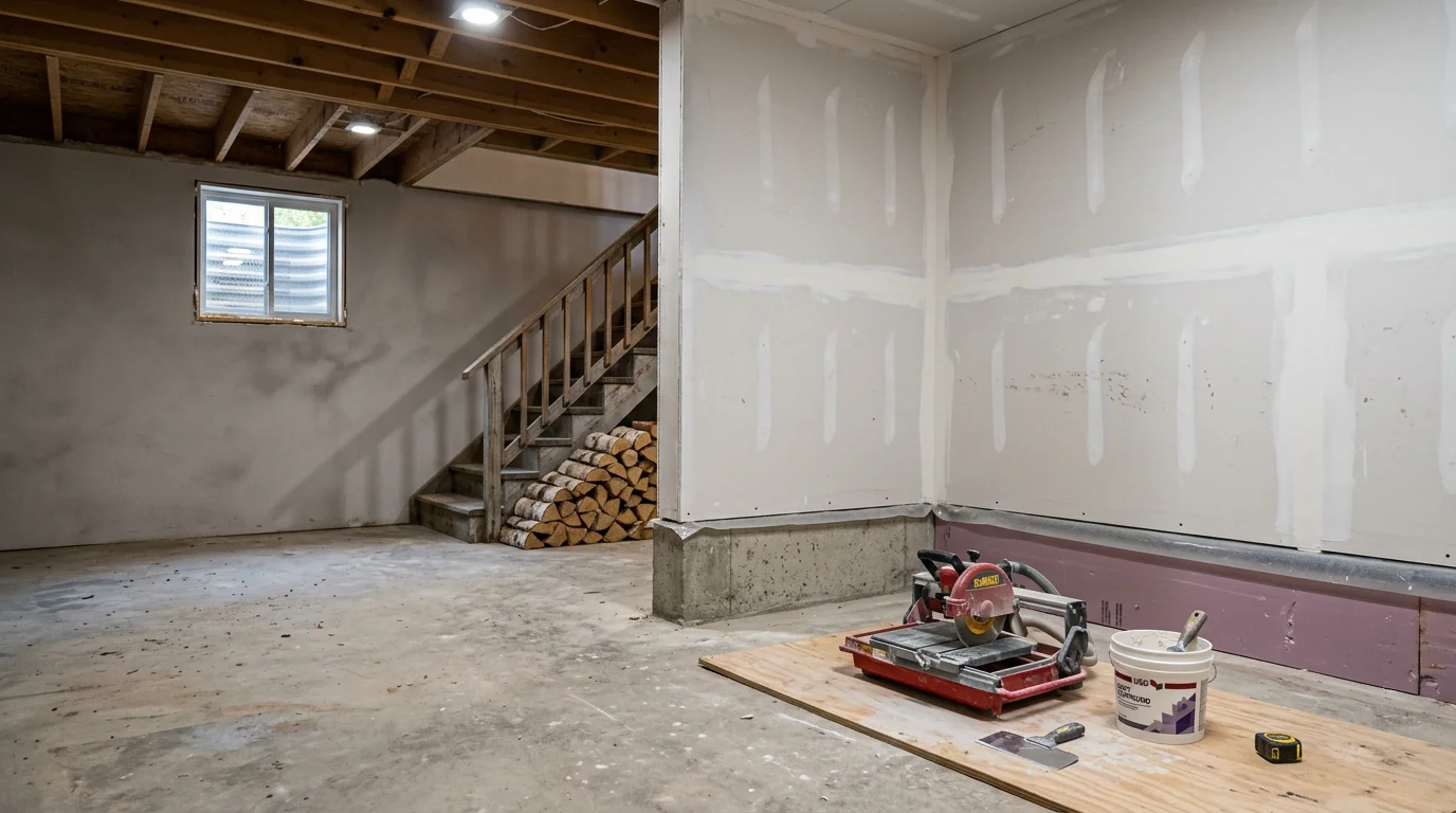 Finished basement interior in a Traverse City, Michigan home showing painted drywall, installed trim, and completed flooring. Northern Den Contracting LLC interior finishing work in Grand Traverse County.