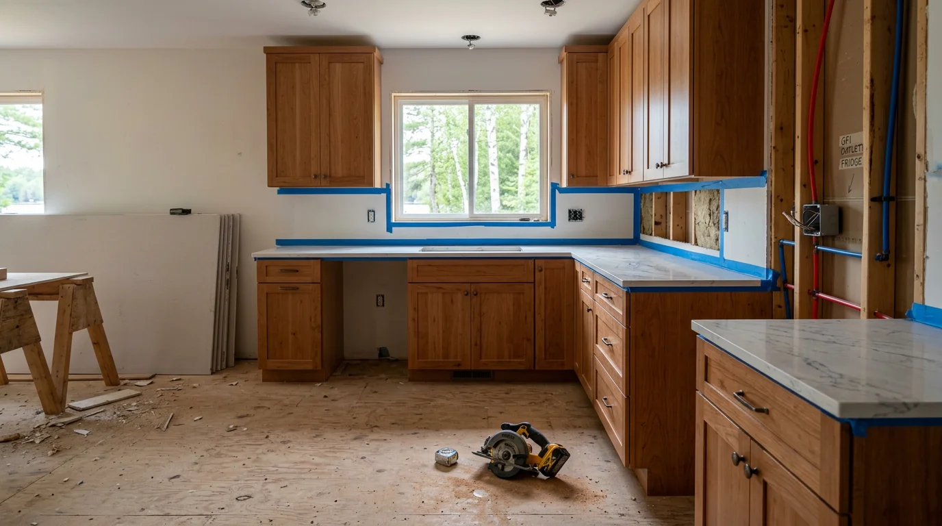 Finished kitchen remodel in a Traverse City, Michigan home showing updated cabinetry, new countertops, and refreshed layout. Interior kitchen renovation completed by Northern Den Contracting LLC serving Grand Traverse County and surrounding areas.