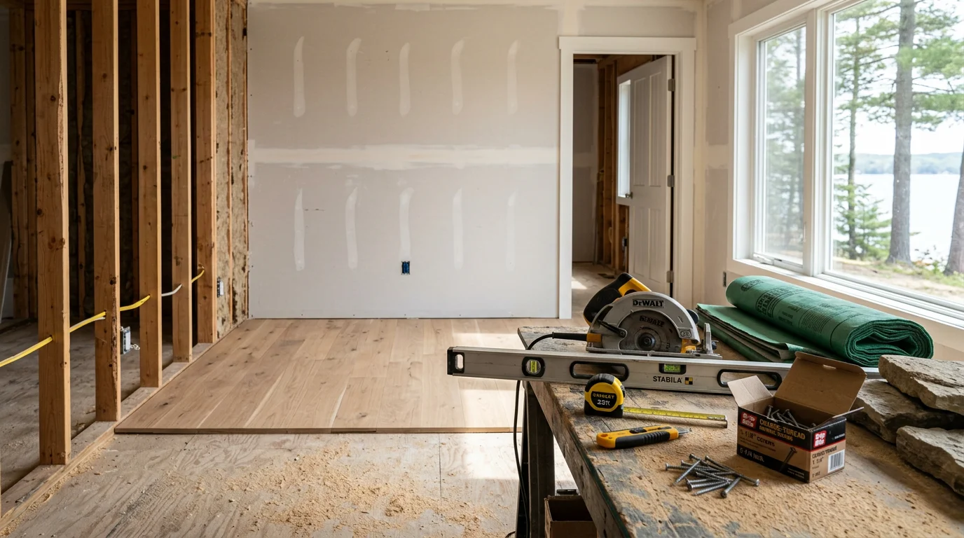 Remodeled interior living space in a Traverse City, Michigan home showing updated flooring, fresh drywall, and new interior doors. Work completed by Northern Den Contracting LLC serving Grand Traverse, Benzie, and Leelanau counties.